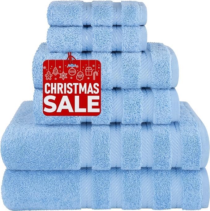 Bath Towel Set [Pack of 6] 100% Combed Cotton 600 GSM, Super Soft & Absorbent Fingertip Towels 2 Bath Towels, 2 Hand Towels, 2 Washcloths - [Worth $49.99] (Sky Blue, Bath Towels 6 Pack)