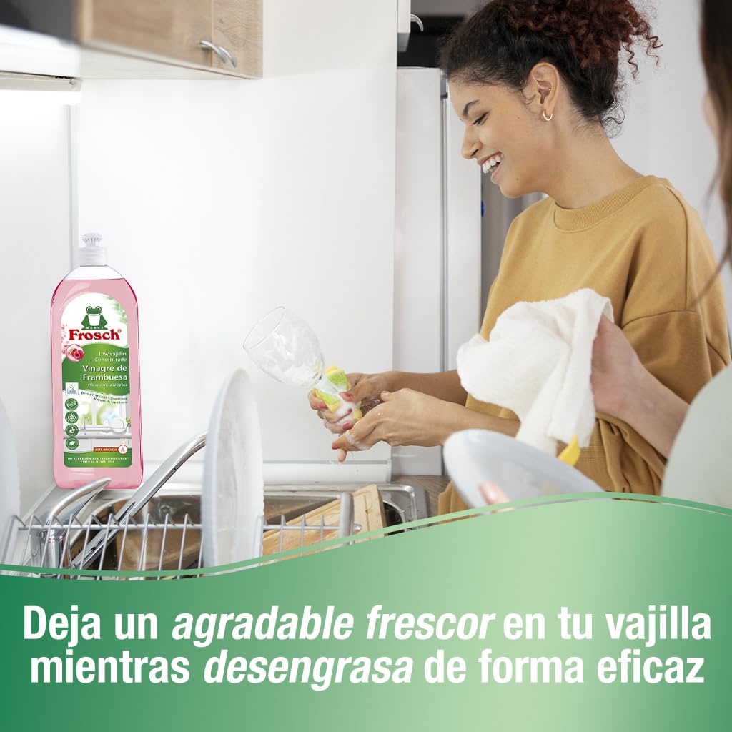 Frosch - Lavastoviglie a Mano Liquido Concentrato Ecologico Aceto di Lampone, Extra sgrassante ed efficacia - Confezione da 10 pezzi x 750 ml