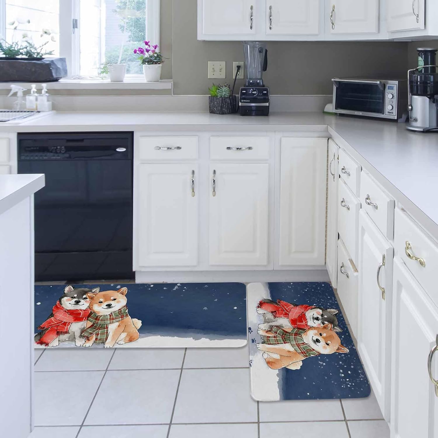 Blue Dog Kitchen Rugs and Mats Set of 2, Non-Slip Kitchen Sink Mat, Cute Dogs Snowflake Winter Washable Doormat Bathroom Rugs Runner for Bedroom/Living Room 19.7"x31.5"+19.7"x63"