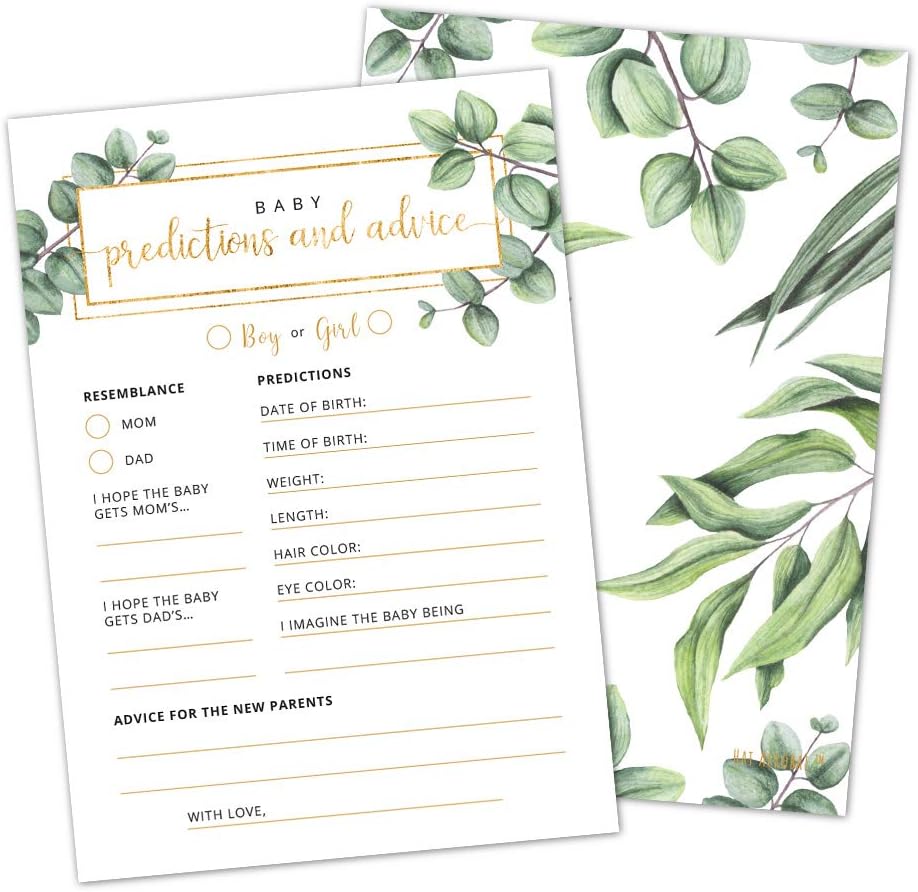 Baby Predictions and Advice Cards - Set of 50 Double-Sided Baby Prediction Cards for Baby Shower Games Greenery Watercolor Design Baby Shower Prediction and Advice Cards