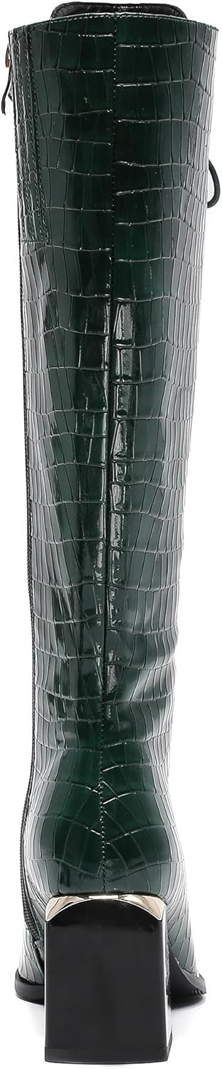 Ninety Union Fuji Women’s Knee-High Boots - Croc Print and Lace-Up Front 2.75" Chunky Block Heel Boots (BLACK, 4)
