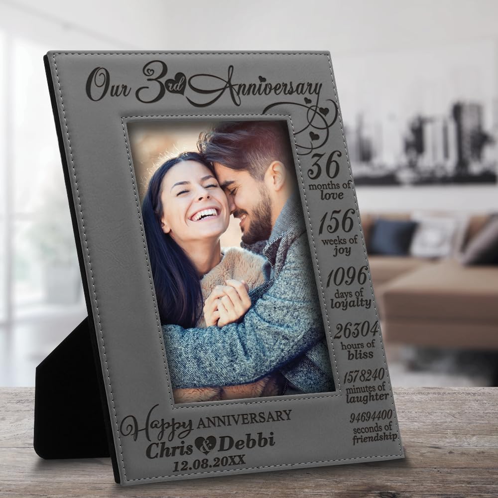 BELLA BUSTA-Personalize-Traditional 3rd Wedding Anniversary Keepsake for Couple, Husband and Wife- Engraved Leather Picture Frame (5 x 7 Vertical (Gray))