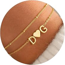 TURANDOSS Valentines Day Gifts for Her - 2 Initial Heart Bracelets for Women, Dainty Layered 14K-Gold-Plated Heart Letter A-Z Charm Bracelets, Birthday Gifts for Women Girls Wife Mom Daughter Jewelry