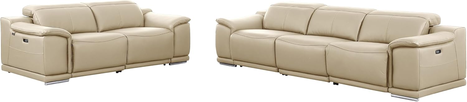 BlackJack Furniture Venice Top Grain Italian Leather Recliner 5 Seater 4 Power Reclining Seater 2 Piece Sofa Set with Adjustable Headrests Modern Seating Sofa and Loveseat for Living Room , Beige