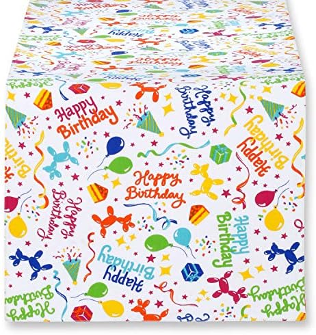 Cackleberry Home Happy Birthday Balloon Dogs Cotton Table Runner Reversible 14 x 48 Inches