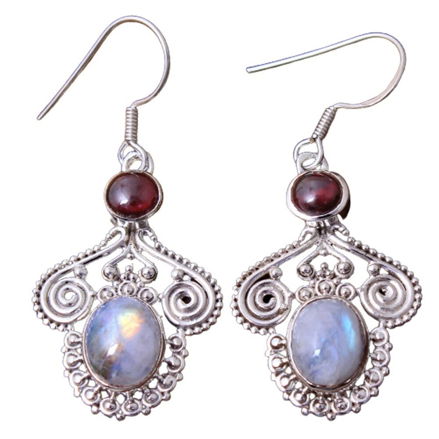 Pendientes de plata sólidos 925 para mujeres y niñas, piedra de luna de plata esterlina, aretes de granate dolte de la declaración, regalo de dama de honor, joyas hechas a mano