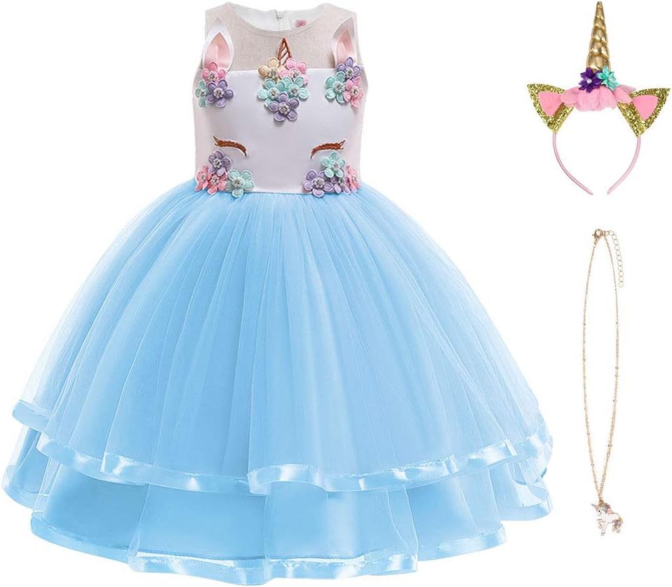 URAQT Unicorn Costume, Princess Unicorn Dress Fancy Dress with Necklace, Headband for Kids & Toddlers Birthday/Cosplay/Hallween Party, Sky Bule 110CM
