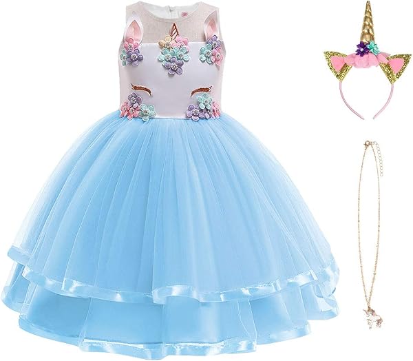 URAQT Disfraz Unicornio Niña, 3pcs Vestido Princesa con Diadema y Collar para Diario, Cosplay, Halloween, Carnaval, Fiesta, Boda, Cumpleaños - 1