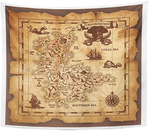 Miniatura 4 de Uoopati Tapiz para colgar en la pared, diseño de mapa del tesoro, diseño de piratas rústicos grungy, tema secreto de historia del mar, tapiz para