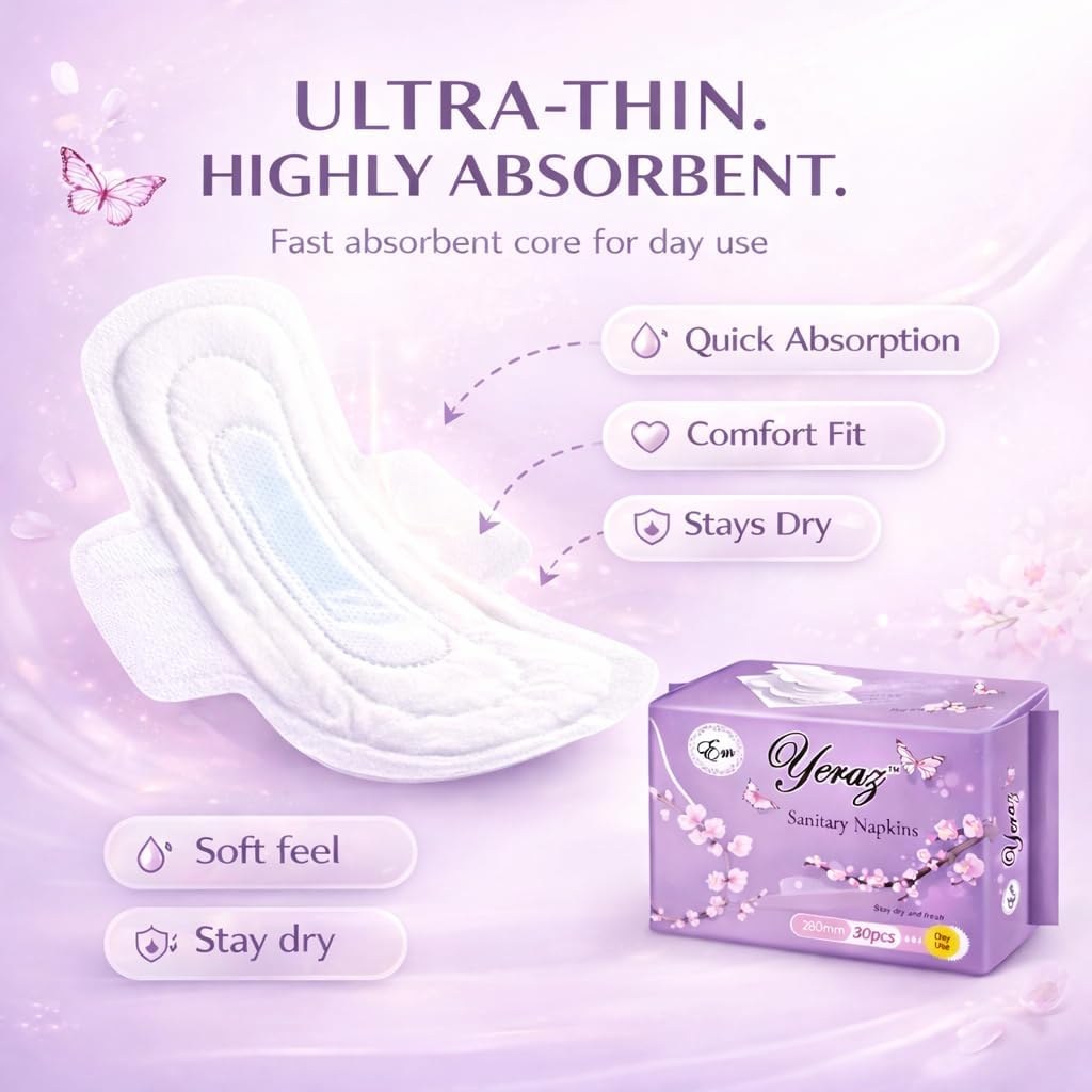 Sanitary Napkin for Women - Ultra Thin Pads with Wings - Size 5 & 90 Count (3 Packs of 30) - Fast Absorbent - Fragrance Free Feminine Pads - Comfort for Regular to Heavy Flow