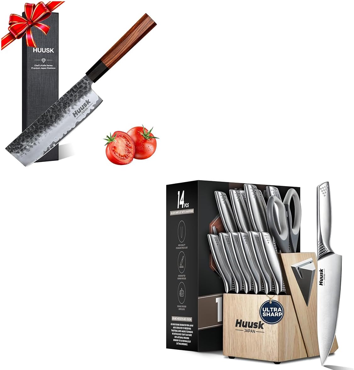 Huusk Knife Set with Block and Sharpener, Sharp Silver Professional Knives Set with Box for Kitchen, Multipurpose Asian Knife