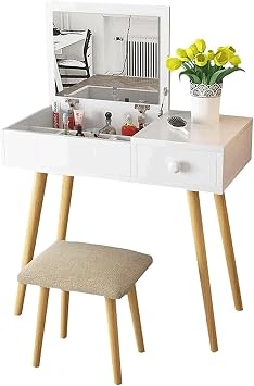 Luxury Chic Makeup Dressing Table Laminated Vanity Desk with Flip Mirror and Drawers Nightstand Luxury Vanity Table Set Fashion Makeup Vanity Furniture