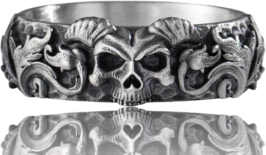 Gothic Skull Ring For Men in 925 Sterling Silver, Vintage Gothic Jewelry For Men; Boyfriend - Dad - Husband, Punk Oxidized Silver Band, Handcrafted Biker Mens Ring with Demon, Gifts For Him