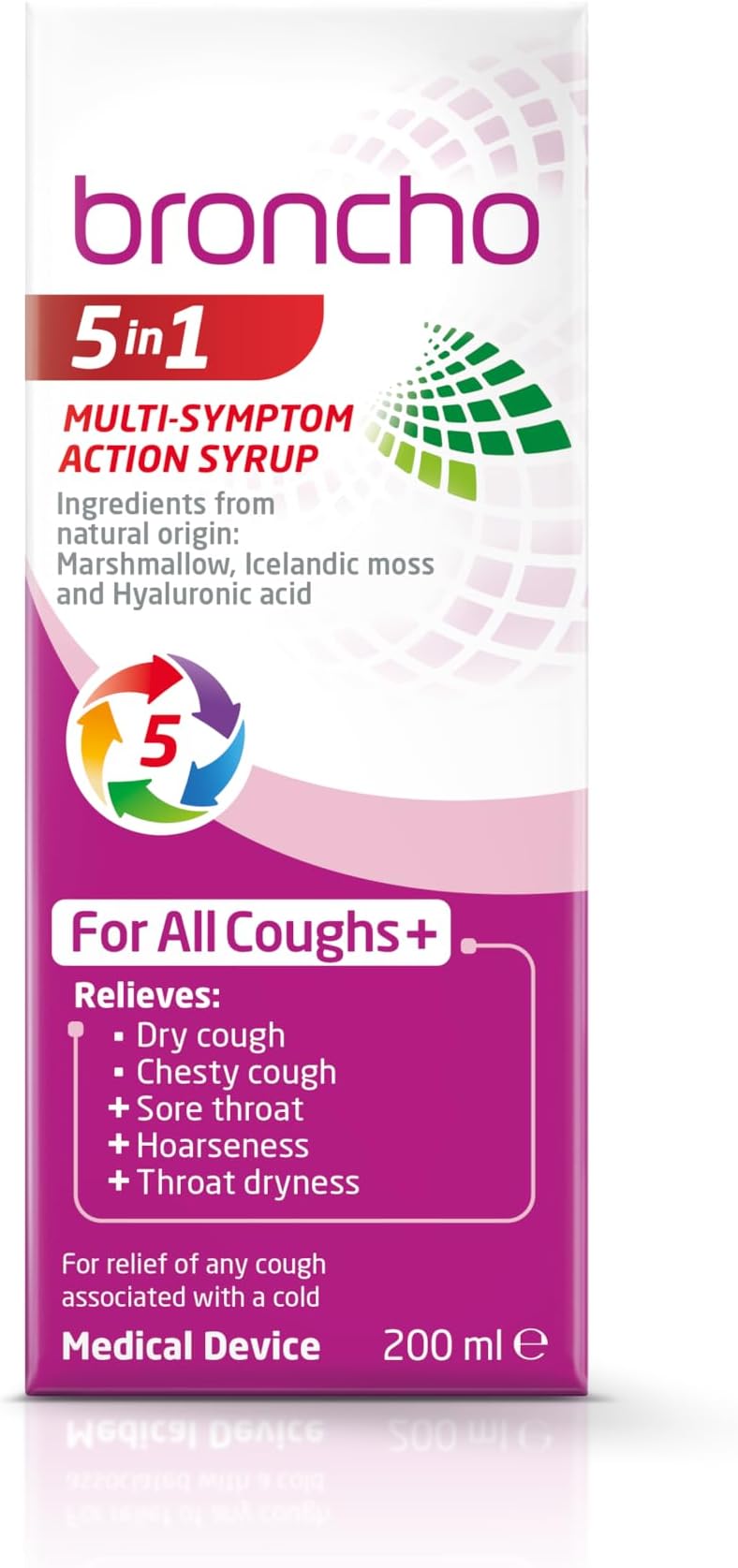 Broncho 5in1 Multi-Symptom Action Syrup (200ml) relieves all coughs and sore throat assosciated with a cold. Alcohol and sugar free