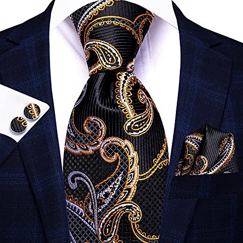Image of Hi-Tie Paisley Floral Ties Set for Men Silk Mens Stripes Necktie Pocket Square Cufflinks Set Formal Business