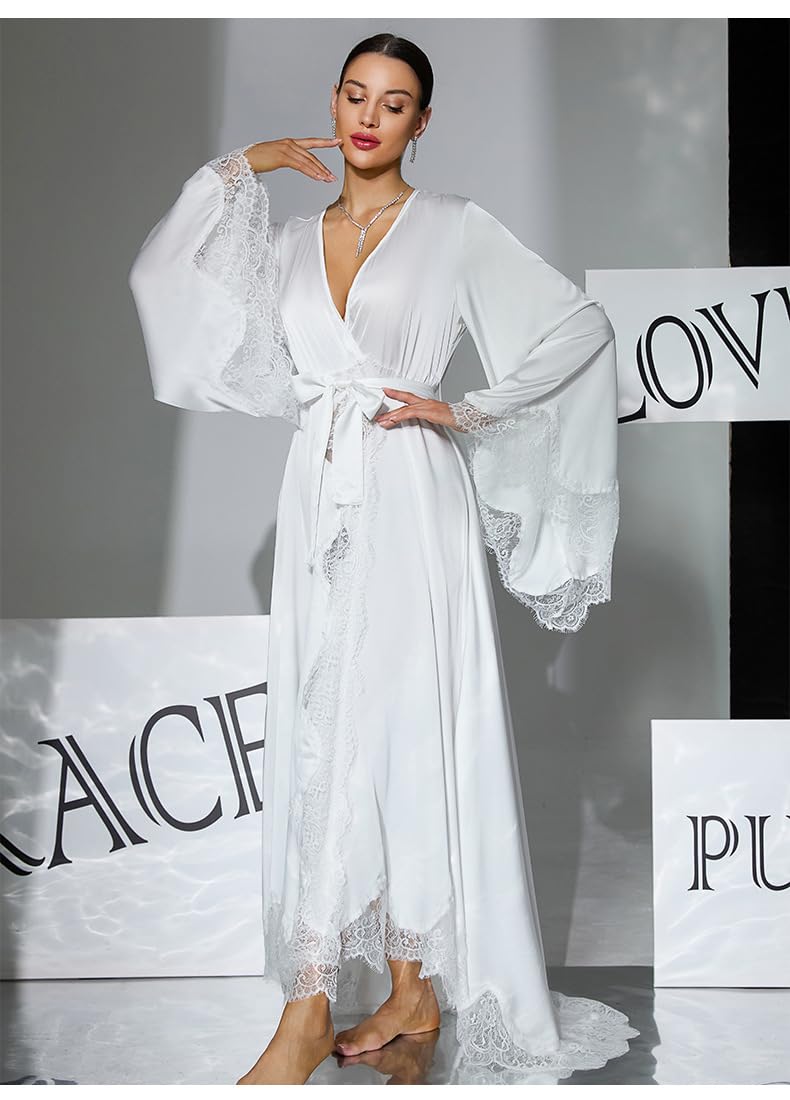 Pyjama Bride Nuisette Sexy À Manches Cloche Et Traîne Longue en Satin Style Français avec Dentelle pour Femme.