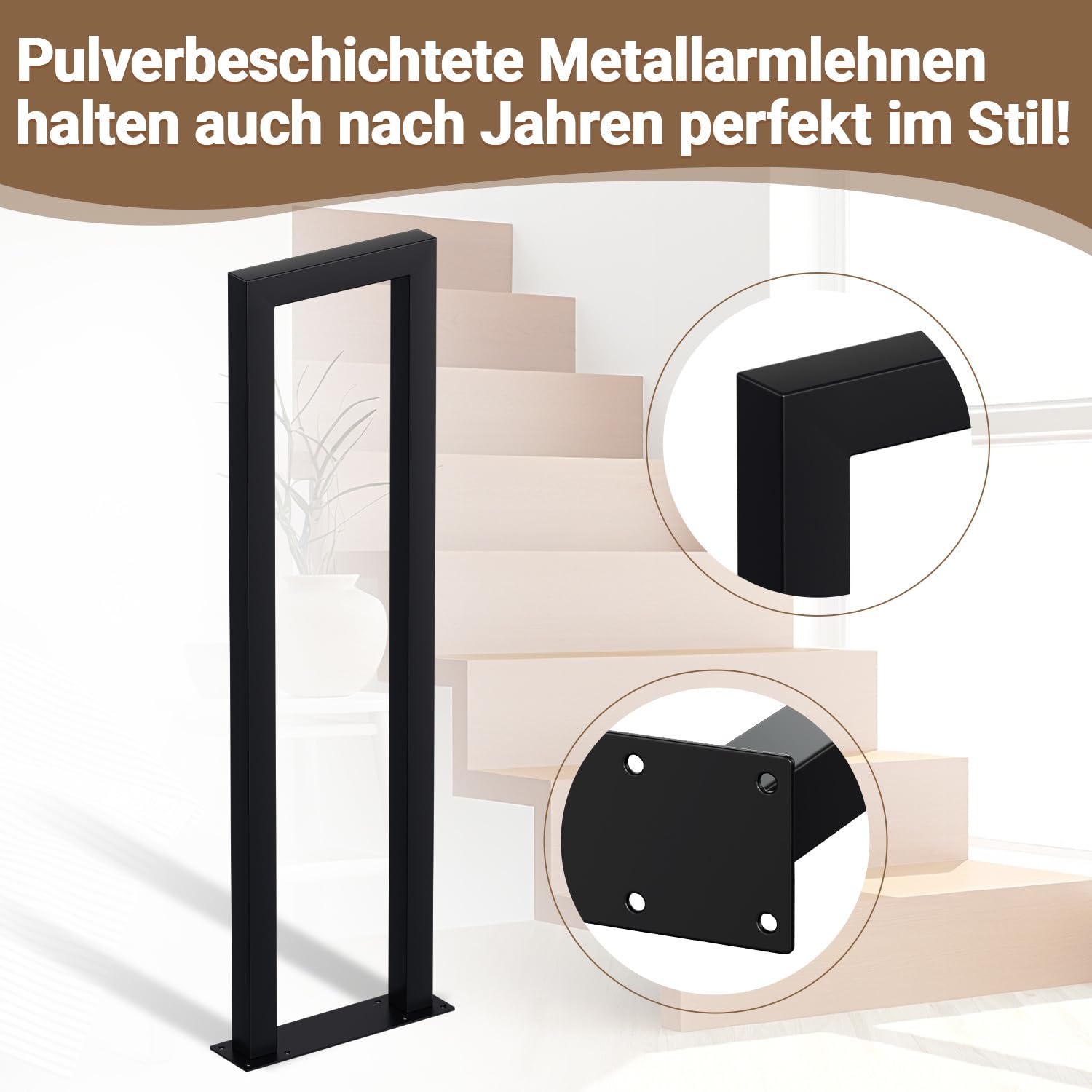 Barandilla para escaleras, barandilla negra en forma de U de 85 cm, pasamanos metálico, barandilla para escaleras con tubo cuadrado para lofts, villas y apartamentos, placas base conectadas