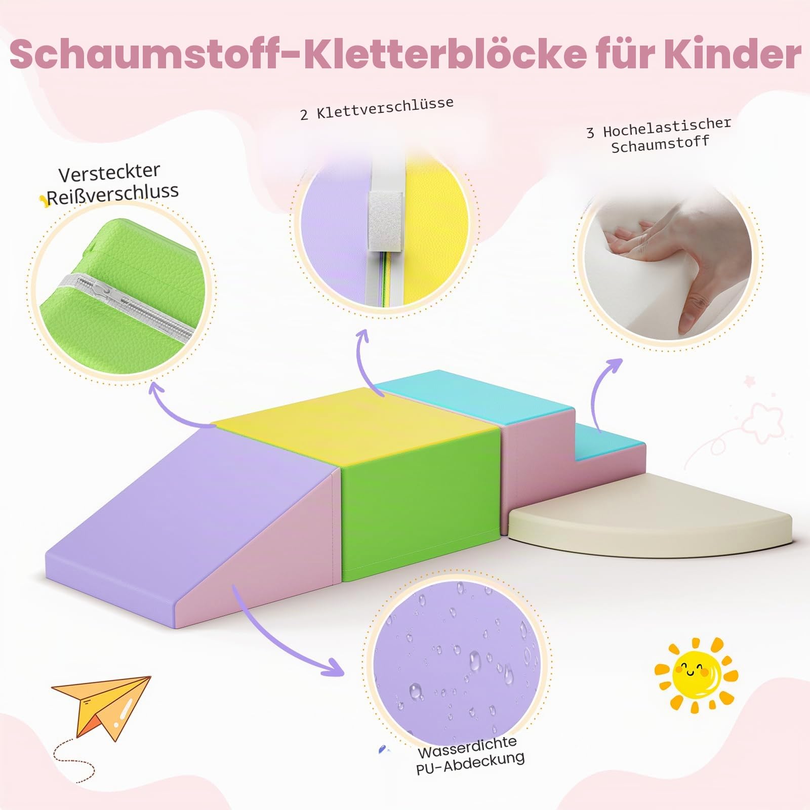 4-teilige Schaumstoff Kletterbausteine, Makaron Farben Softbausteine mit Klettverschluss, Kombinierbares Spielzeug für Kleinkinder Indoor & Kindergarten