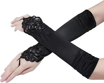 Long Black Elbow Lace Sequins Satin Gloves for Party Opera, 1 Pair