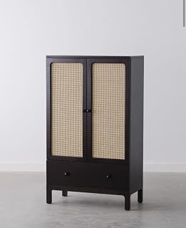 Priyanka Art Furniture Modern Rattan Cabinet Storage Armoire with 2 Doors and Drawer, Black Antique Finish Wooden Chest – Stylish & Functional