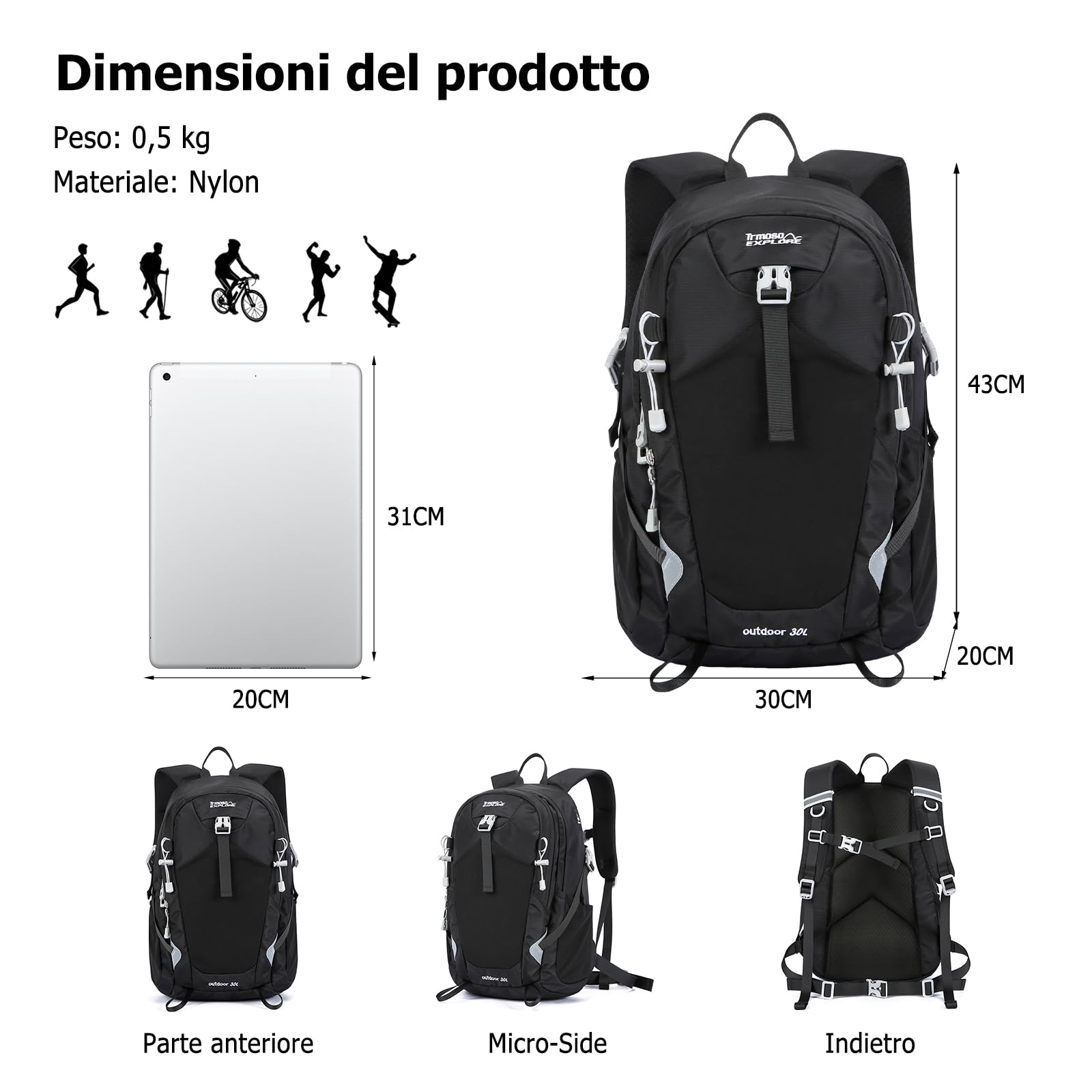 30L Zaino da Escursionismo Zaino Outdoor Impermeabile con Sistema Ergonomico di Sollievo Dalla Pressione Zaini Multitasca per Camping Viaggi Uso Quotidiano Nero