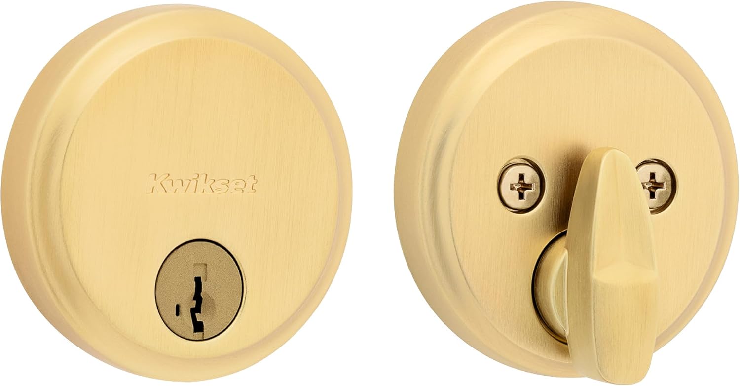 Kwikset Hometown Deadbolt Lock, Satin Brass, Round Exterior Keyed Front Entry Door, Pick Resistant SmartKey Rekey Security, Single Cylinder Dead Bolt Door Lock, with Microban Protection
