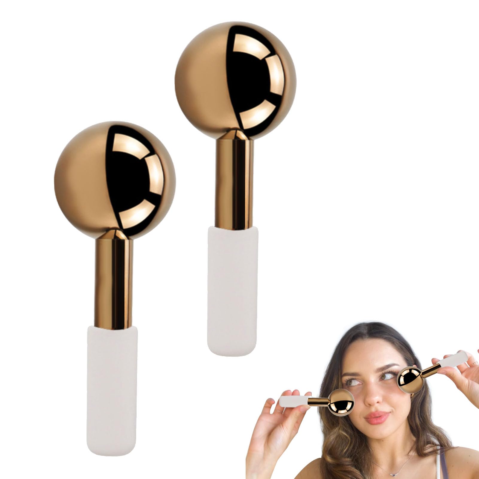 Beauenty 2pcs 360 Rotating Cryo Balls for Face, Unbreakable Ice Globes with Silicone Cover Hands, Easy to Clean Ice or Warm Face Roller (Champagne)