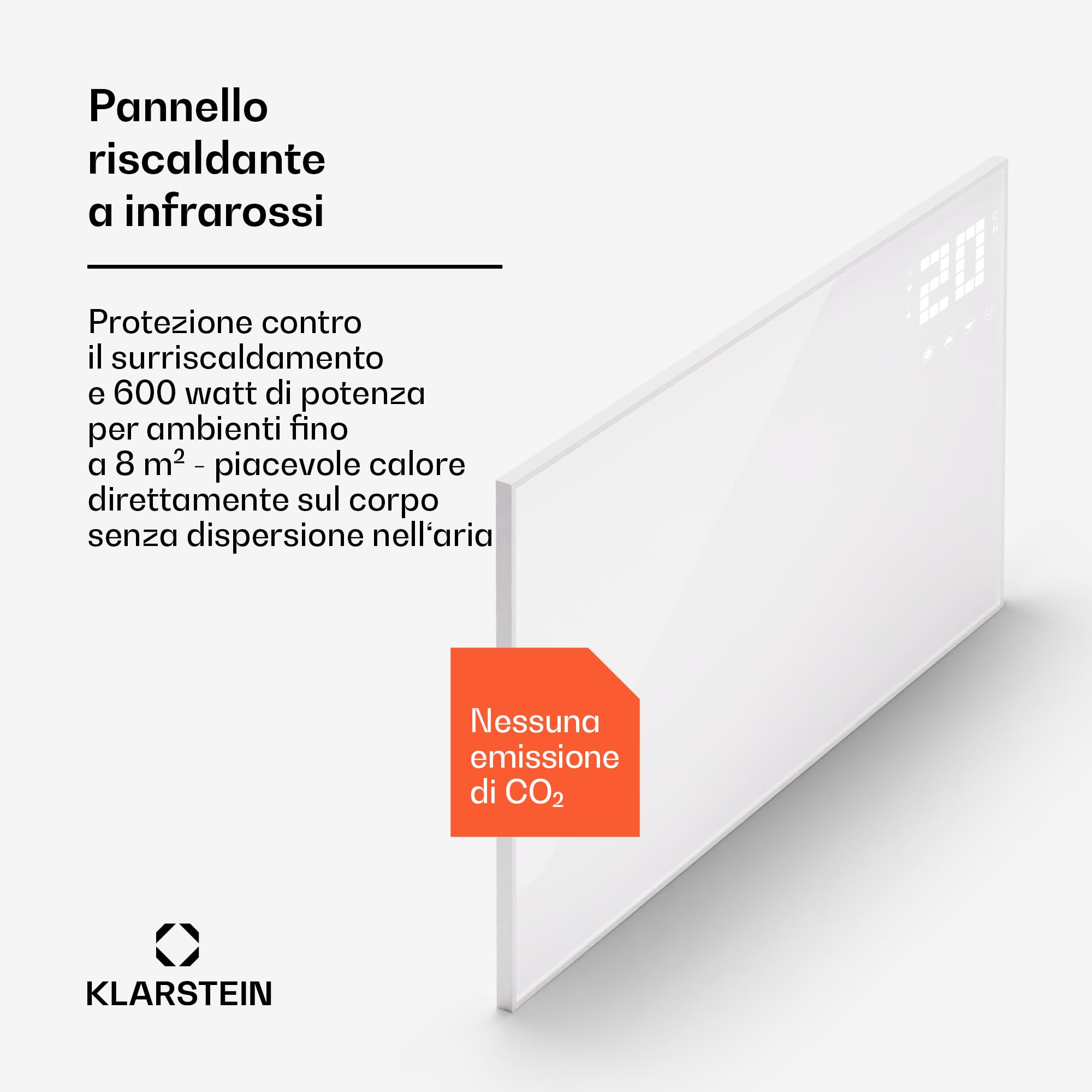 Klarstein Stufa Elettrica Infrarossi Basso Consumo, Pannello Radiante 600W, Telecomando e Timer, WiFi App per Riscaldamento No CO2