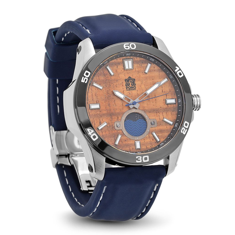 "The Castaway" Hawaiian Koa Wood Watch (47 mm Diameter, Chrome and Blue Silicone Band)