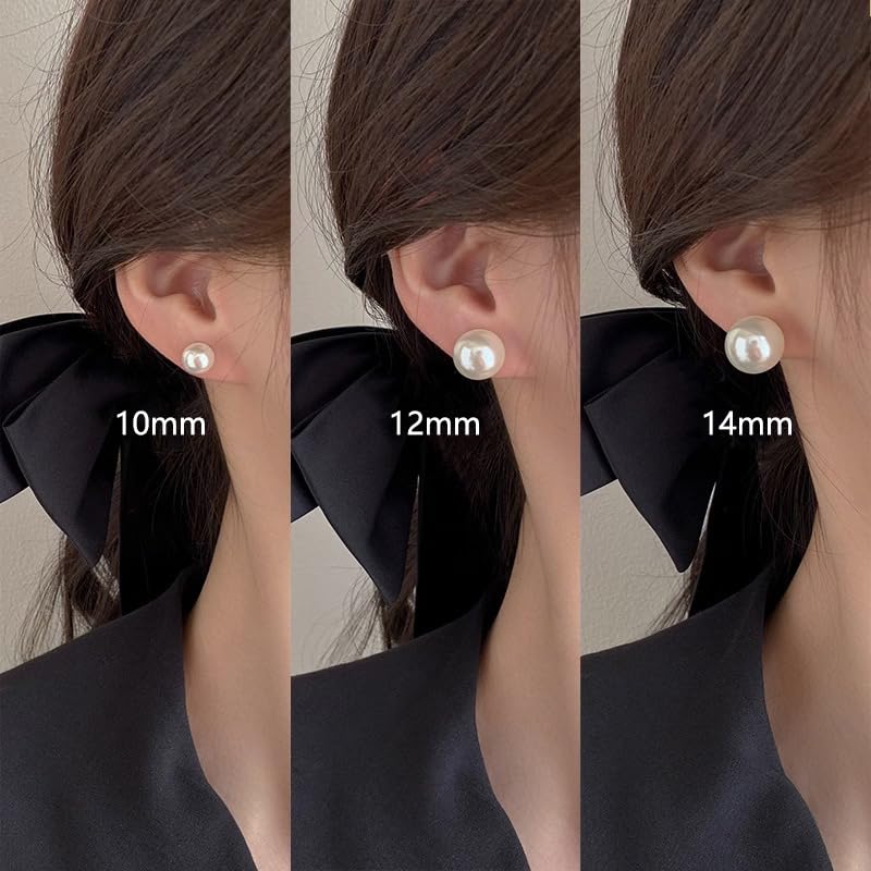 ZLP Big Pearl Earrings for Women, Oversize 14/12/10mm Classic Round Strong Light Simulated Shell Pearl Earrings 14K Gold Plated Sterling Silver Stud3
