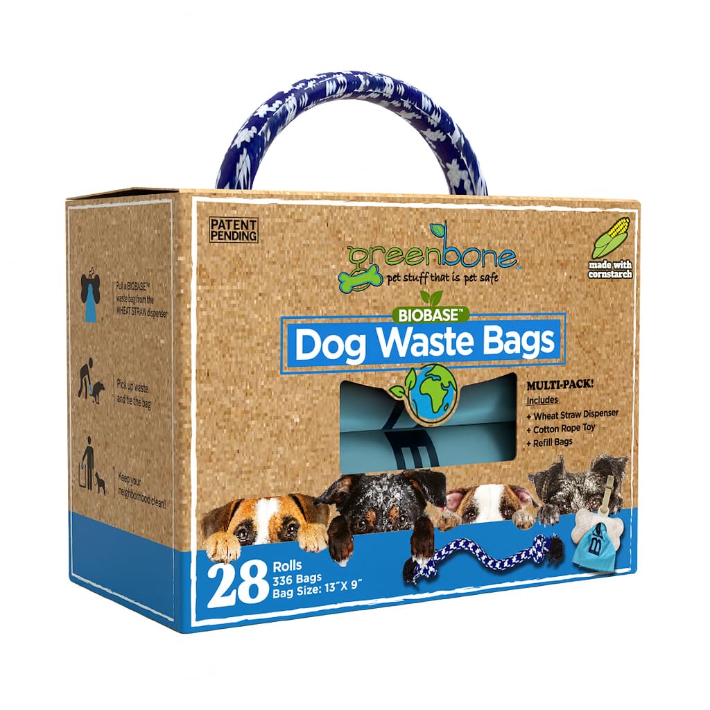 Greenbone BioBase Blue Dog Poop Bag Refills: 28 Rolls - 336 Bags with Dispenser and Rope Toy Handle- Dog Gift Set