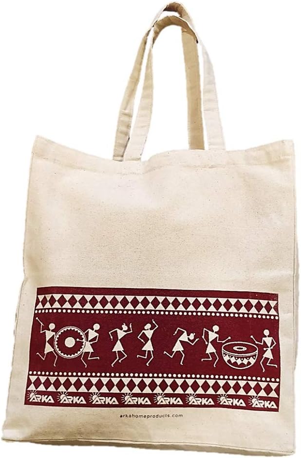Unisex-Adult Shopping Bag - Warli Print - 100% Cotton, Reusable, Printed Canvas Bag, Off White Maroon