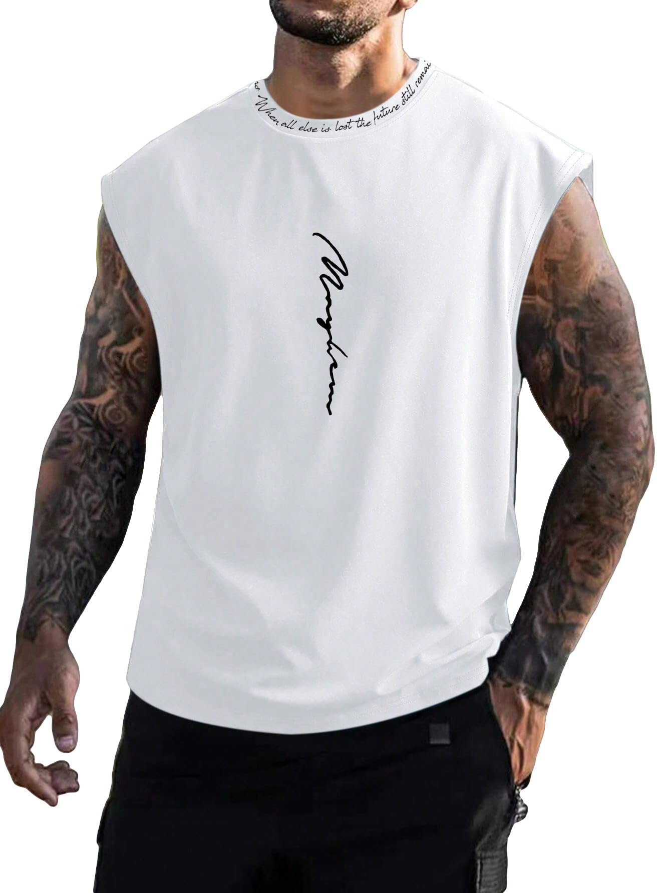 GORGLITTERMen's Workout Tank Top Letter Graphic Sleeveless Tee Shirt Crew Neck Streetwear Tee Top