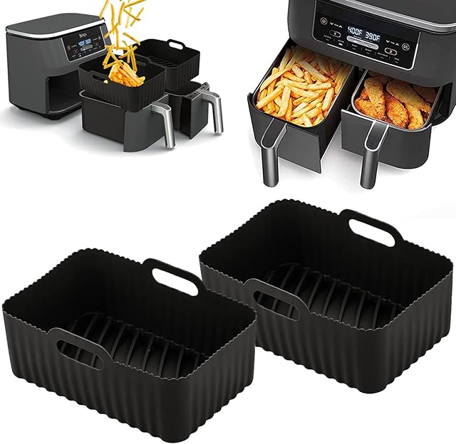 Air Fryer Silicone Pot, 2PCS Non Stick Air Fryer Silicone Basket Reusable Silicone Air Fryer Liner Rectangle Air Fryer Rack Accessories for Ninjas Dual Air Fryer (Black)
