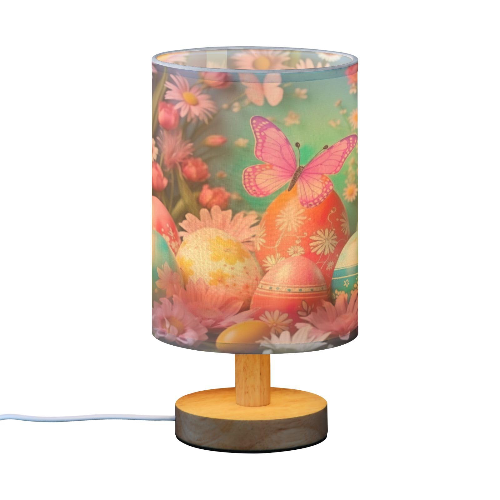 SDMKA Happy Easter Pattern Bedside Table Lamp for Bedroom, Minimalist Nightstand Lamp with Round Fabric Shade for Living Room, Office, No Bulb Required