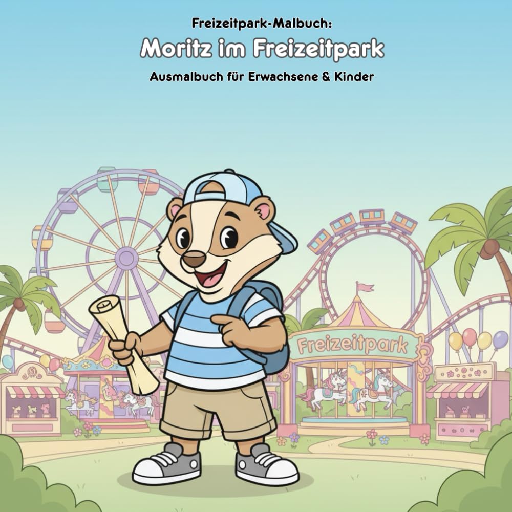 Moritz im Freizeitpark: Geschichte & Malbuch: Für Erwachsene & Kinder: 36 Ausmalbilder mit Geschichte im Großformat 21.59 x 21.59 cm – Große Motive für kleine Künstler