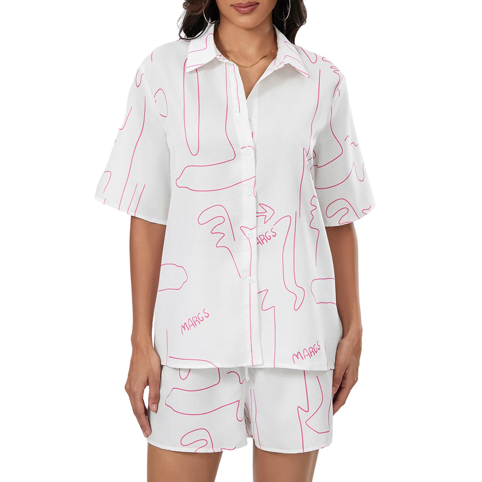 Women's Oversized 2 Piece Outfits Fashion Printed Short Sleeve Button Down Shirt Shorts Co Ord Set Summer Streetwear Beachwear (V-White Pink, L)
