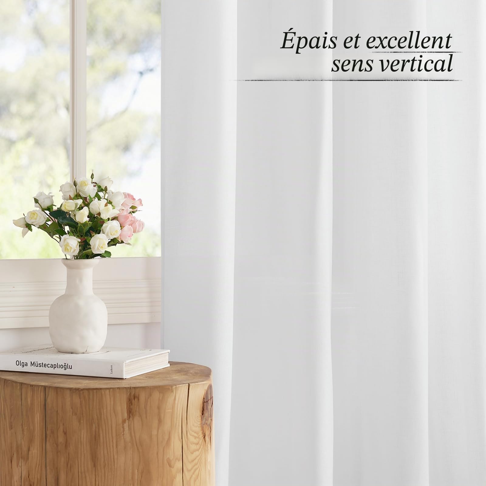 PONY DANCE Rideau Voilage Epais - Rideaux Lin Naturel Galon Fronceur | L 300cm x H 245cm,Demi-Transparent Protecter la Confidentialité,Decoration Salon Chambre Fenetre,2 Panneaux, Blanc