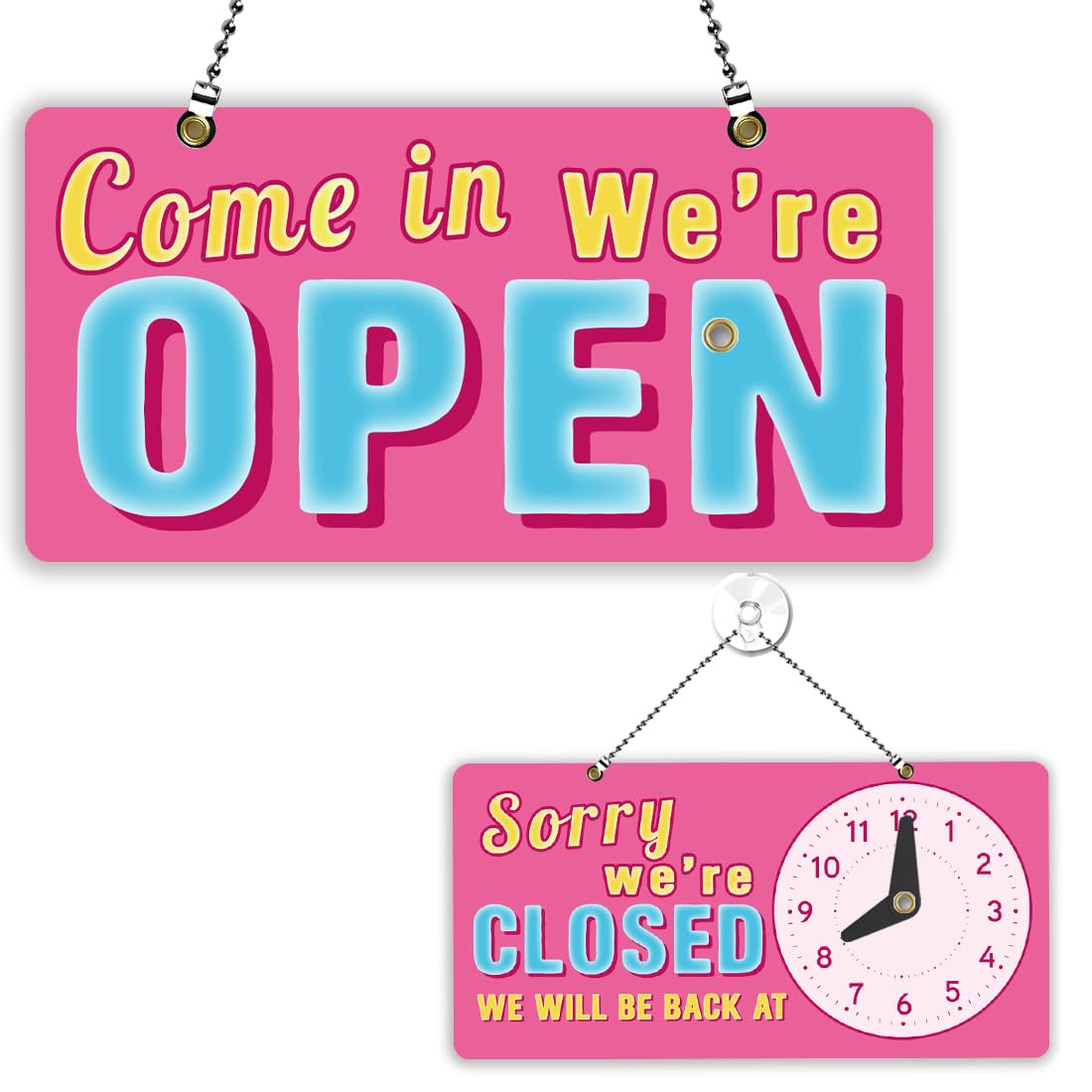 PLIGREAT Pink 3D Characters Open Closed Sign Double Sided Open Sign with Clock Sorry We Are Closed Signs for Business Retail Store Window Wall Decor Hanging Door Signs with Chain, Pink Blue