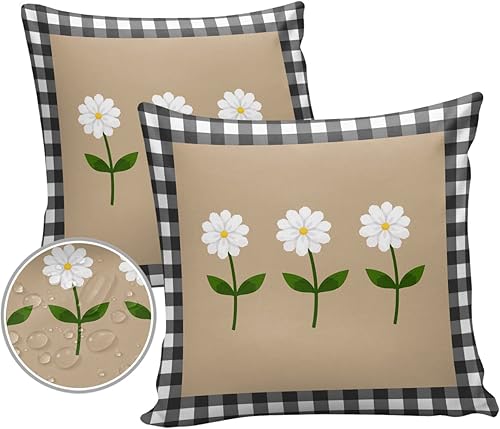 YOKOU Juego de 2 fundas de almohada impermeables, diseño de margaritas, diseño de cuadros negros y blancos, funda de cojín decorativa suave para