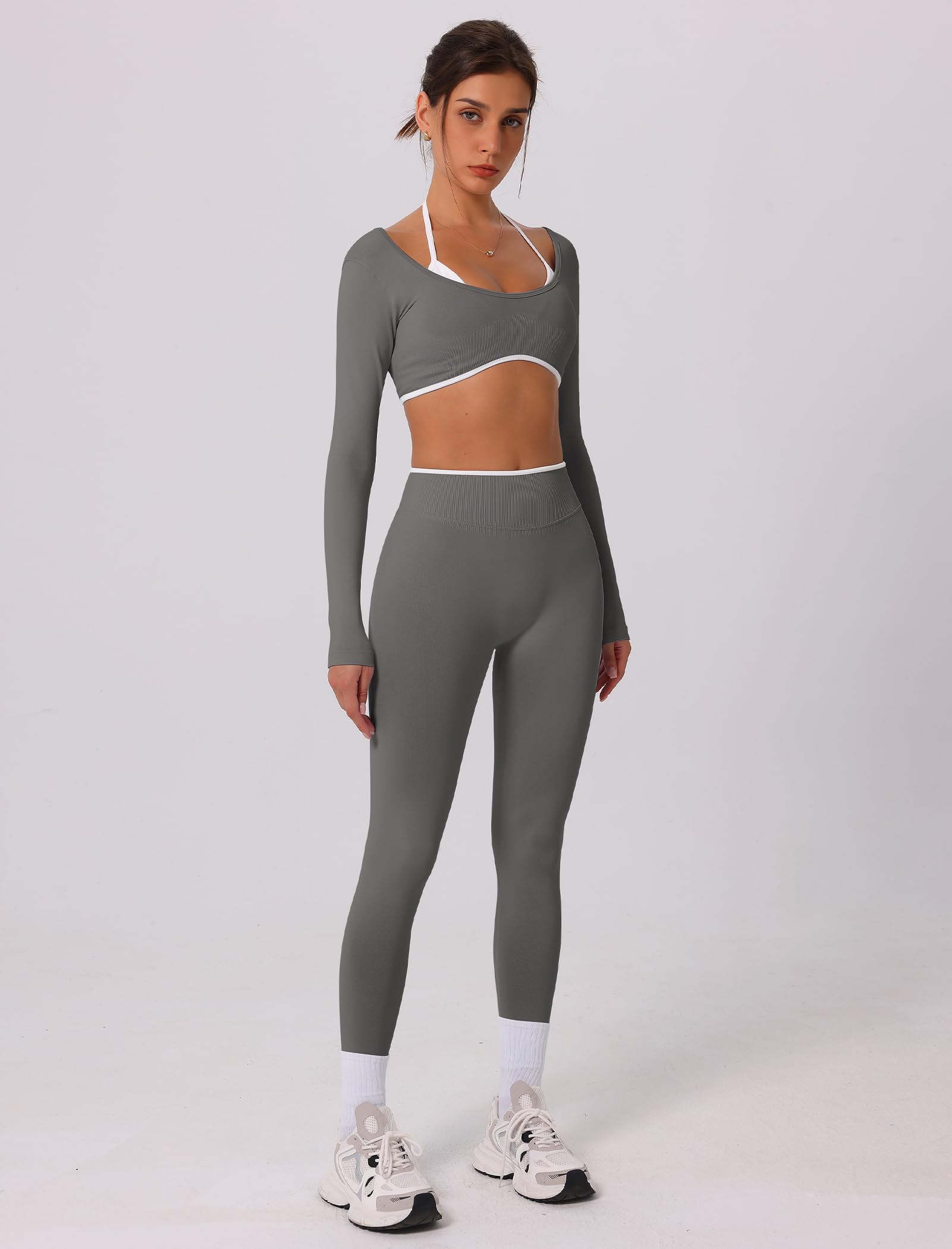 IDOPIP Workout Set Damen Rückenfrei: Zweiteiler Kontrastfarbe Sport Set Hohe Taile Po-formende Leggings und Top mit integrierten Cups - Jogginganzug für Fitness Yoga Pilates Gym