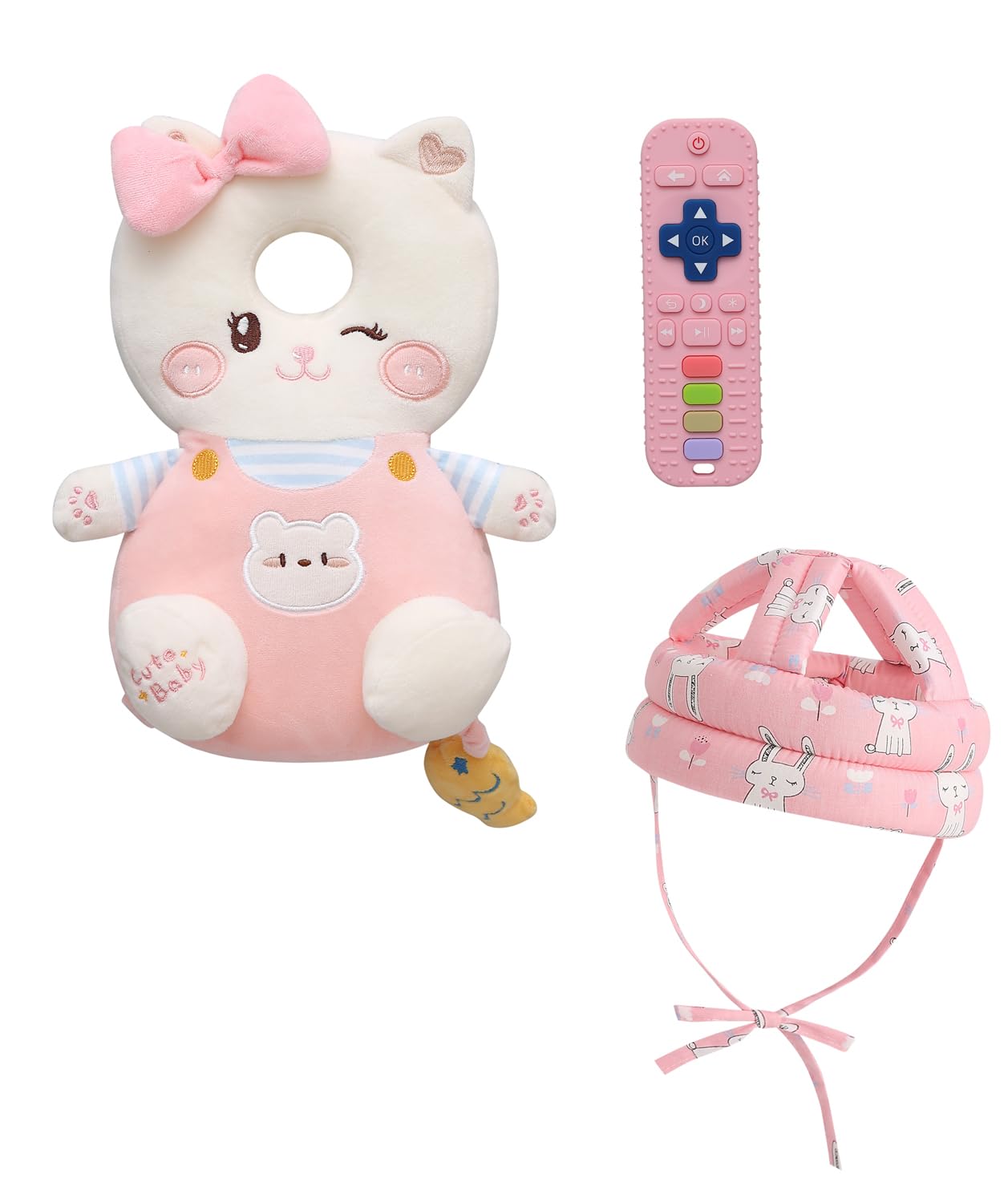 PLOVZ Baby Head Protector Backpack Head Protection Pillow, Baby Helmet for Crawling Walking and Baby Teething Toys 3Pcs Set(Pink Kitten)