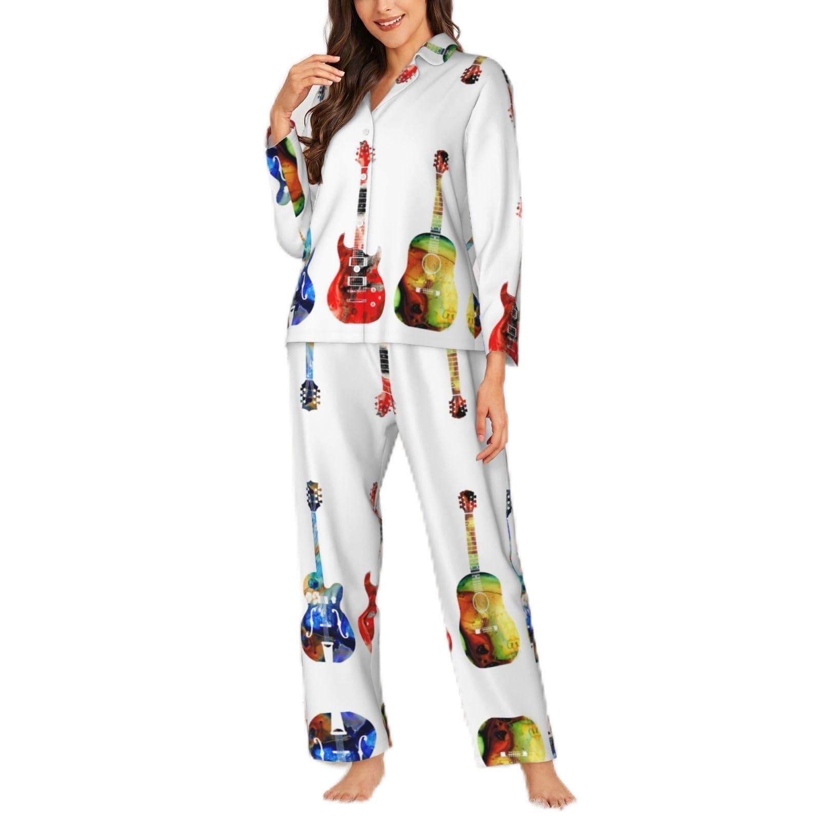 Migpkd Colorful Guitars Pajamas For Women Set Long Sleeve Button Down Sleepwear 2 Piece Nightwear Women Pjs Sets Black