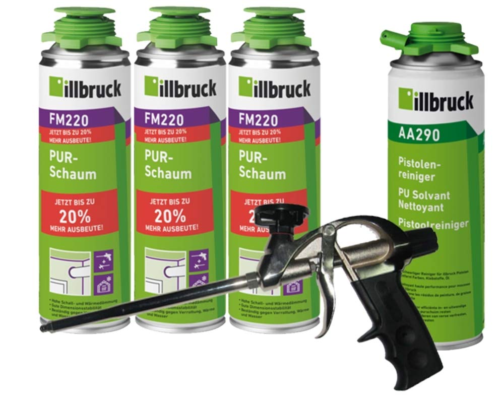 illbruck FM220 - Juego profesional de 3 espumas de poliuretano para pistola de 500 ml + limpiador de illbruck AA290 + pistola de espuma profesional