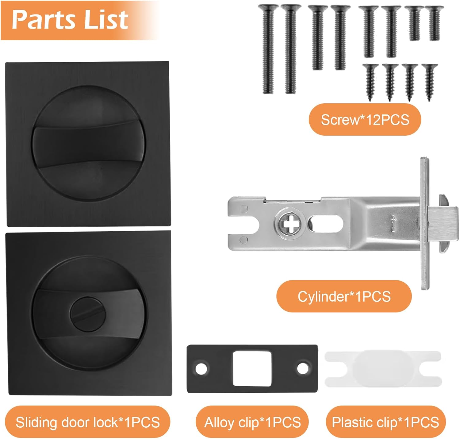 Pocket Door Hardware, Square Pocket Door Lock Privacy Pocket Door Lock Handle with Pocket Door Pull - Reversible Pocket Door Latch for Safety (Black, No Key)