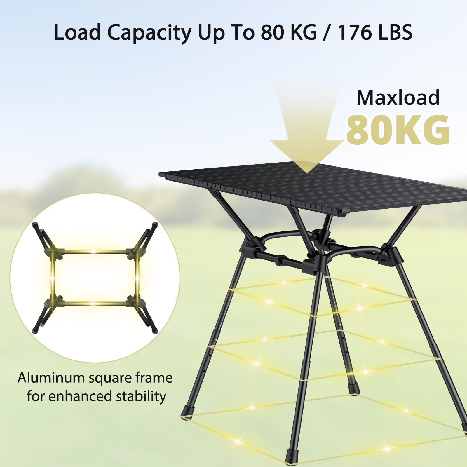 Anbte Table de camping pliante de 0,9 m, 4 hauteurs réglables, table de camping enroulable en aluminium avec sac de transport, portable, imperméable, pour pique-nique, extérieur, voyage, jardin, plage