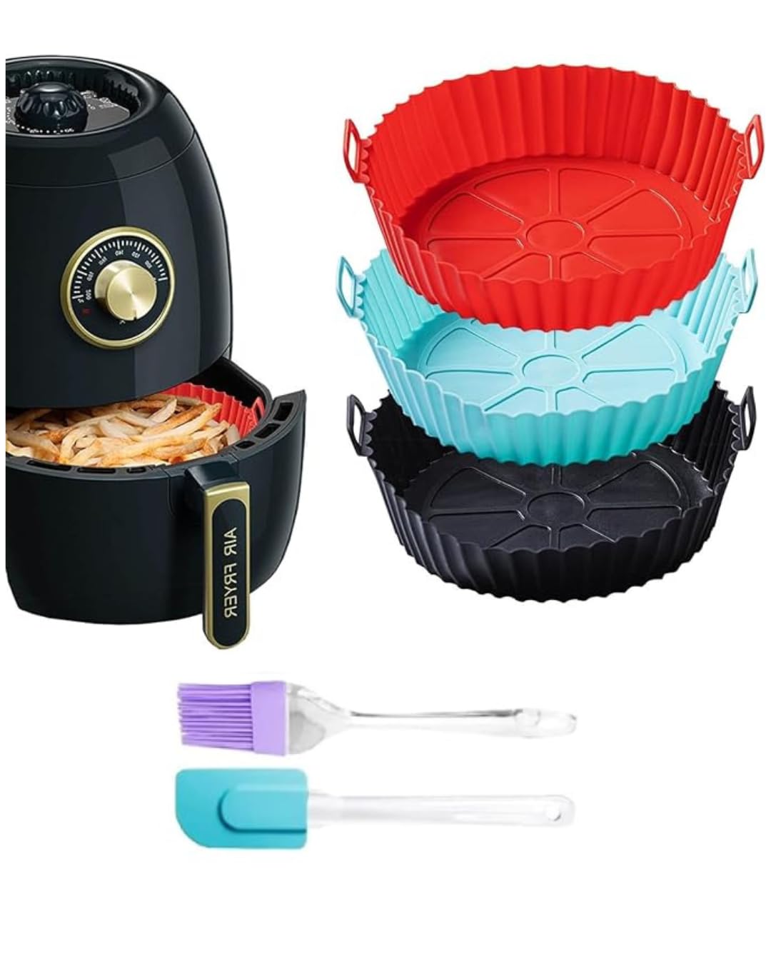 Nonstick Round Silicone Air Fryer Liners with Ear Handles 3Pcs – Reusable Tray & Cooking Accessories, Oil Brush & Spatula-image-40
