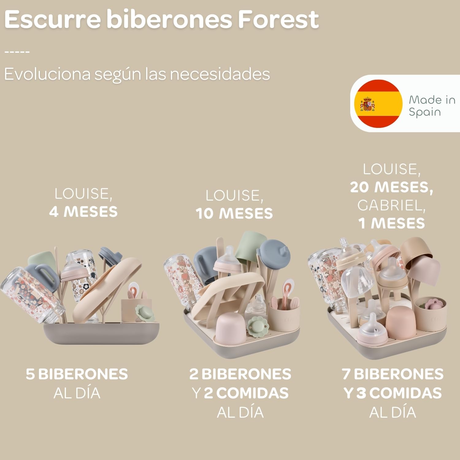 BÉABA, Escurridor y secador de biberones, gran capacidad, fabricado en España, modulable, hasta 6 biberones y vajilla para niños, recipiente para accesorios, fácil de guardar, compacto, Aarcilla.