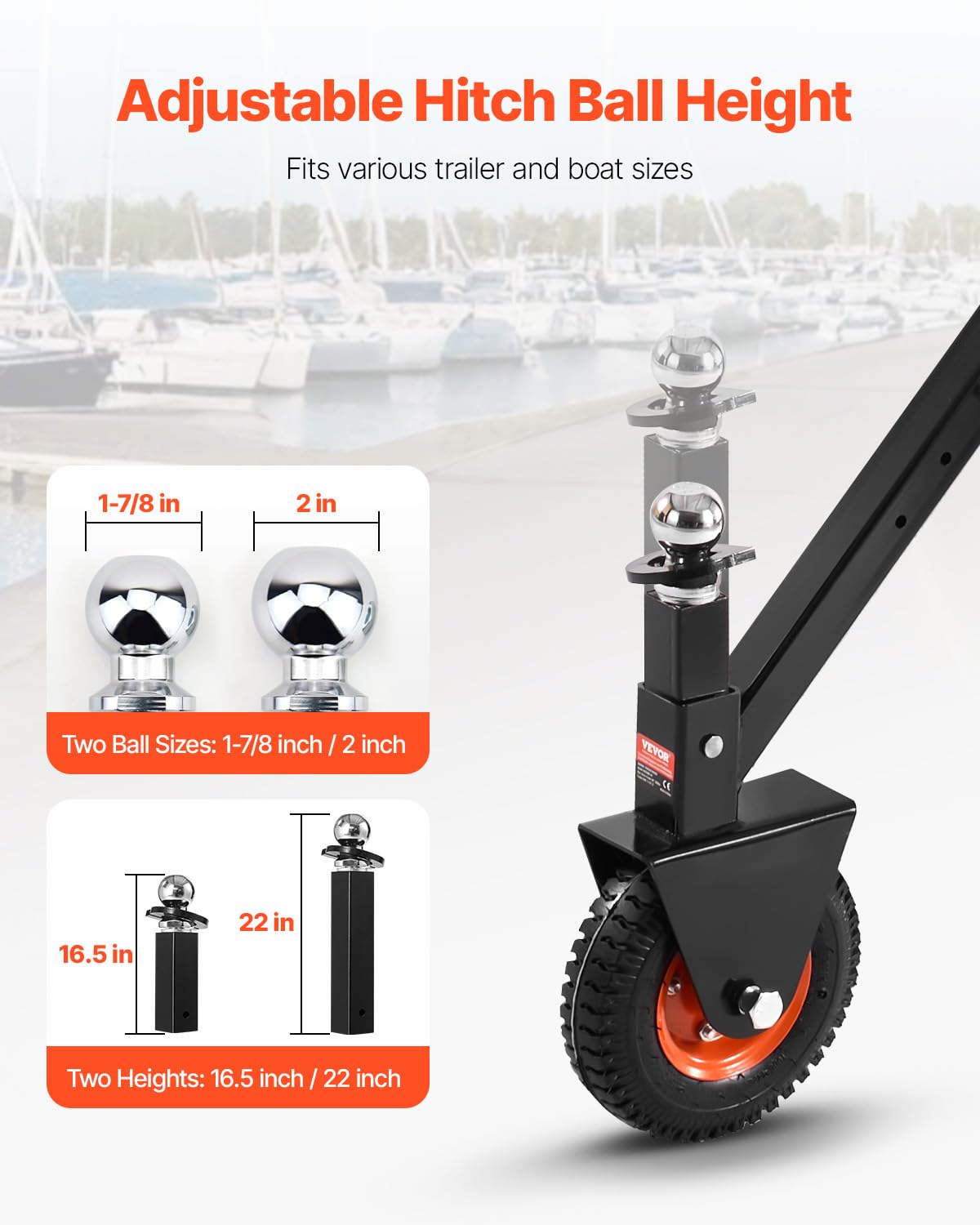 VEVOR Plataforma Rodante para Remolque, Capacidad de Peso de 136 kg, Carrito de Ajustable en Altura de 420 y 560 mm, con Bolas de 47,6 mm y 50,8 mm, Neumático de Goma para Mover un Remolque RV