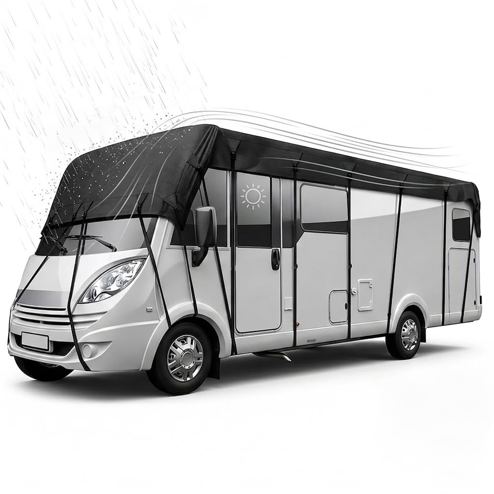 Copritetto Camper Universale in Tessuto Oxford Ultra Resistente, Telo Protezione Tetto Impermeabile 100% per Camper e Caravan, Anti-UV, Antineve e Anti-Muffa,Nero,6.5 * 3M Fits 18to21 ft